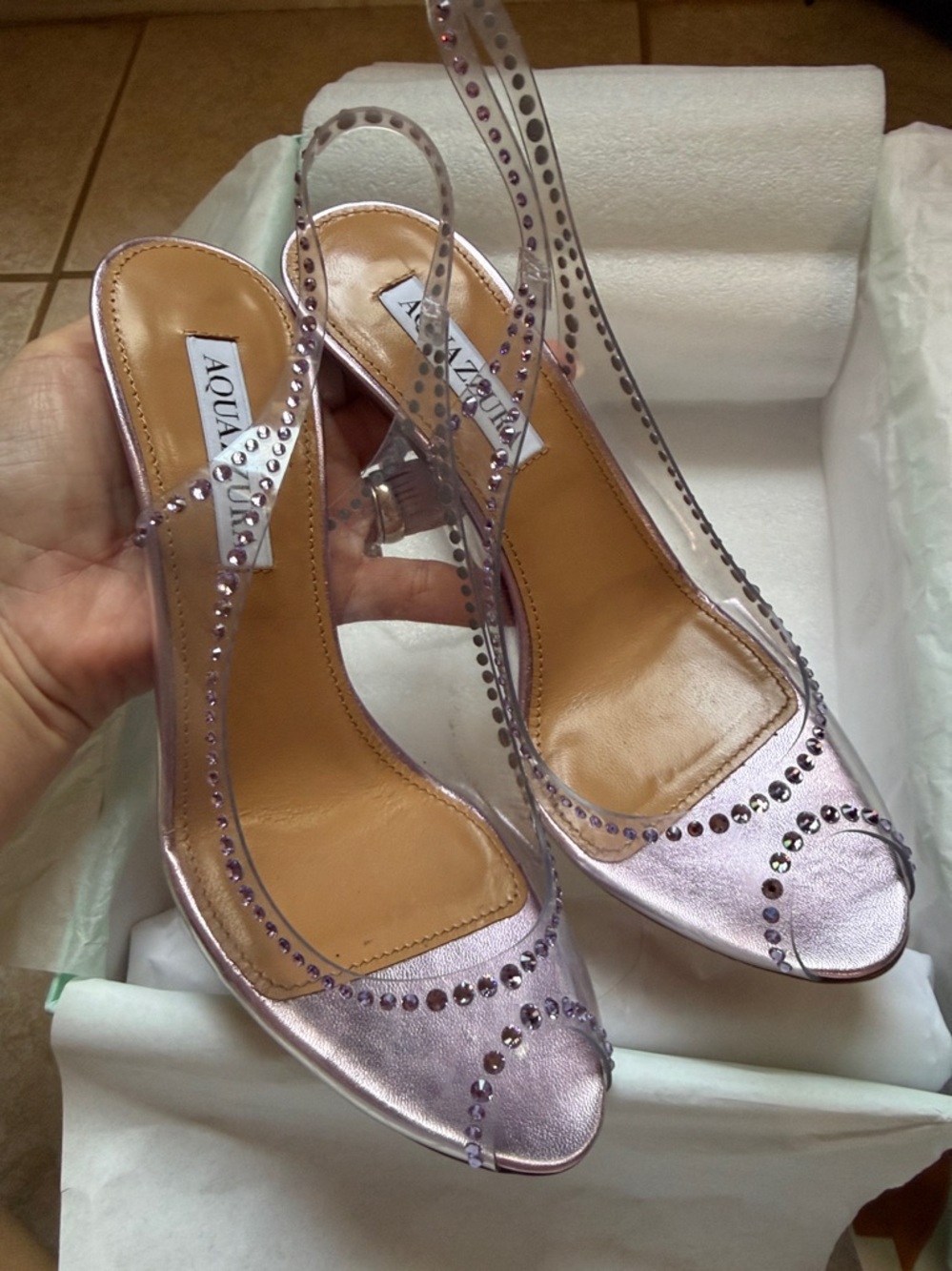 Aquazzura
85mm Ray of Light Plexi Crystal Sling Sandals